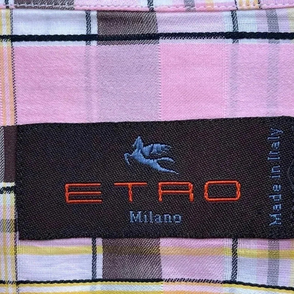 Etro Mens Checkered Print Button Down Milano Polo Shirt Pink Sz 41 - Picture 6 of 13